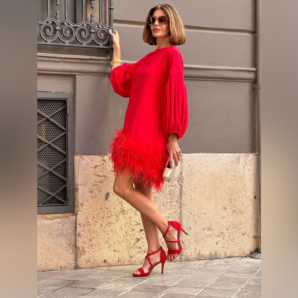Chic Red Feathered Mini Dress